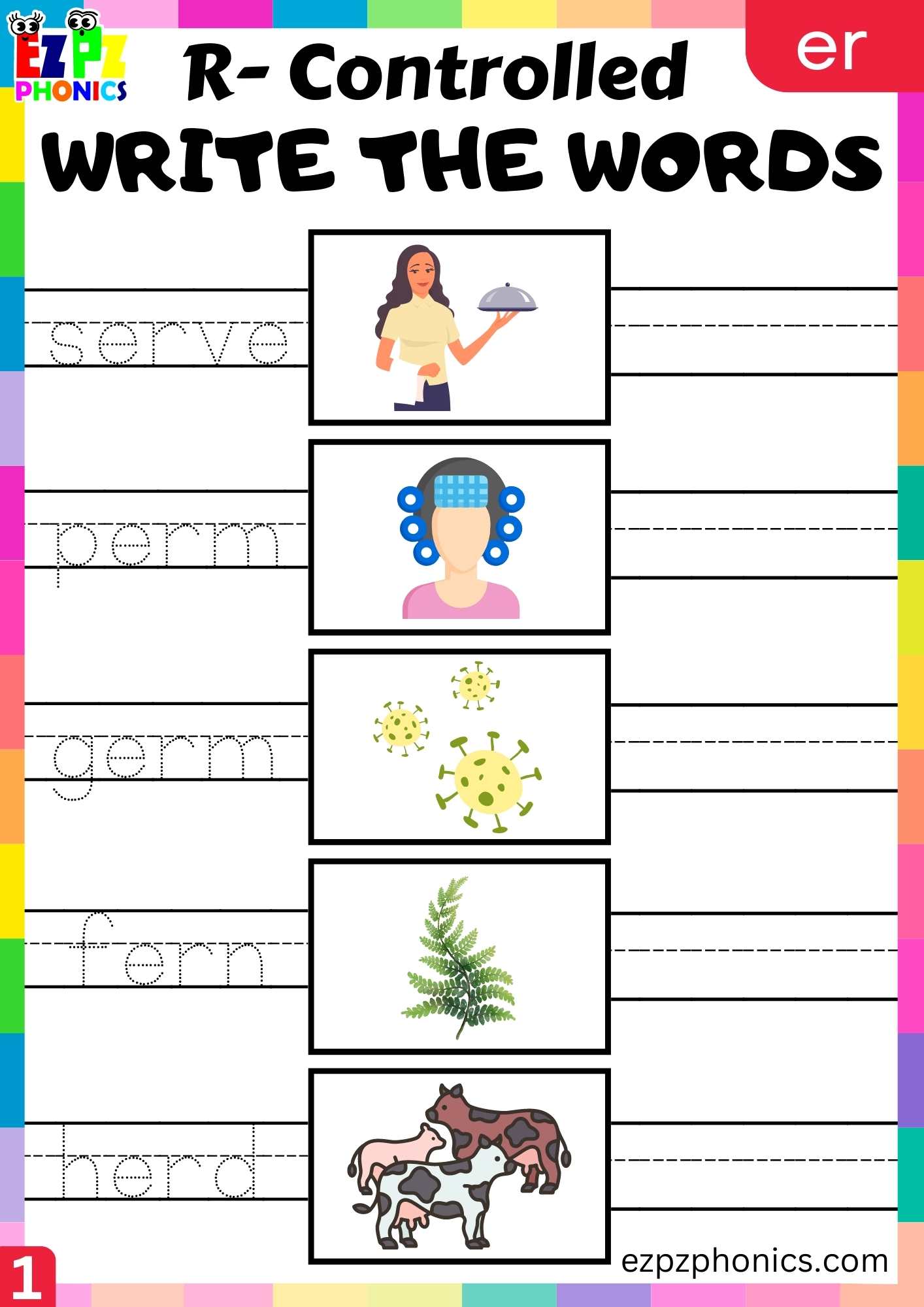 Write the words activity for er words R controlled vowels phonics group 1